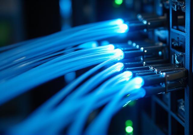 Modern server room with glowing blue fiber optic cables