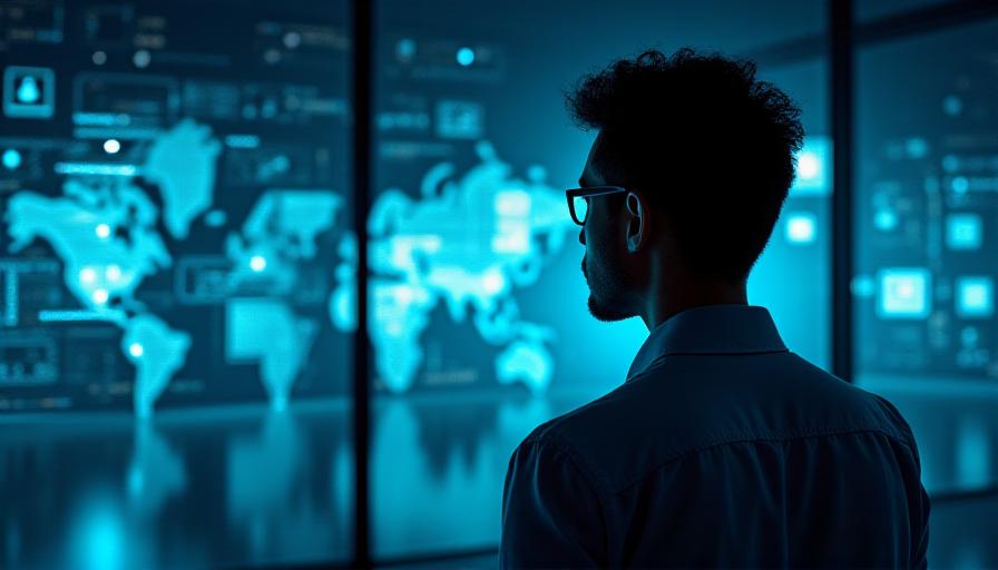 Professional monitoring a high-tech cybersecurity dashboard with global network maps