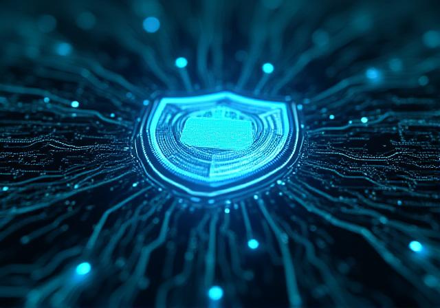 Abstract visualization of high-tech digital security shield protecting data servers